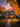 A two-story house is decorated for fall and Halloween with pumpkins lining the walkway and porch. The house is surrounded by trees with vibrant red, orange, and yellow leaves. Warm light shines from the windows, casting a golden glow on the scene beneath a twilight sky.