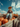 A scarecrow wearing denim overalls, a plaid shirt, and a straw hat sits on top of a hay bale inside a wooden wagon. The wagon also contains numerous pumpkins and a pot of vibrant orange flowers. The background features a clear blue sky dotted with fluffy white clouds, suggesting a bright, sunny autumn day.