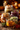 Four glass jars filled with Thanksgiving dinner ingredients are arranged on a weathered wooden table. The jars showcase colorful layers of food, including turkey, stuffing, mashed potatoes, and cranberry sauce. Autumnal elements like fallen leaves and small pumpkins provide a warm and inviting holiday backdrop.