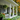A picturesque long shot of a traditional white house porch in autumn, adorned with numerous potted green plants and orange flowers. The porch features white fluted columns, dark window shutters, and a grey wooden floor, set against a background of vibrant orange and green fall foliage, evoking a warm and inviting seasonal atmosphere.