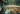 A low-angle, close-up shot of heavy rain falling onto a dark brown wooden deck. The wet wooden planks stretch diagonally into the softly blurred background, where lush green foliage is visible. Numerous individual raindrops are captured as dynamic streaks in the air and glisten on the glistening surface of the wood, creating a tranquil and refreshing natural scene.