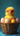 A vibrant, close-up shot of an extremely fluffy yellow baby chick wearing bright pink, circular-framed glasses. The chick is seated inside a woven brown wicker basket, surrounded by pastel-colored, speckled Easter eggs in shades of pink, cream, and yellow. The background is a soft, blurred teal-blue color, providing a cheerful contrast to the main subject.
