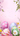A vibrant, vertical illustration featuring four colorful Easter eggs in pink, light blue, and green, decorated with daisy and stripe patterns. These eggs are nestled among clusters of spring flowers in pink, white, and yellow, with green foliage. The background is a soft pink gradient, adorned with scattered colorful confetti and delicate floral branches framing the upper corners, providing open space for text.