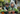 An elderly woman with short, wavy grey hair and a young boy with short brown hair are happily gardening outdoors. Both are smiling brightly, looking down at various small green plants in brown terra cotta and dark green plastic pots arranged on a rustic wooden surface. The blurred background consists of lush green foliage, suggesting a vibrant garden setting.