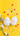 A top-down view of two white Easter eggs, each decorated with a vibrant pattern of tiny colorful hearts and dots, placed on a bright yellow background. The yellow surface is scattered with small, heart-shaped confetti in various colors like red, pink, blue, and white. In the bottom left corner, a bouquet of white daisy-like flowers with yellow centers and green stems adds a fresh, natural touch.