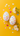 A flat lay image presents two white Easter eggs, each intricately decorated with a lively pattern of small, hand-painted hearts in various bright colors like pink, orange, yellow, and blue. These charming eggs rest on a vivid yellow surface, surrounded by an array of small paper heart cutouts in matching pastel tones and a sprig of white spring flowers with green leaves. The overall scene is bright and cheerful, conveying themes of love, spring, and holiday celebration.