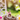 A small, brown and white baby rabbit with a pink bow on its head sits within a natural twig nest. Several pastel-colored Easter eggs are visible around the nest, and various pink, white, and magenta flowers are scattered across a table in the foreground. The background shows a blurred garden scene with a white decorative bench or chair, bright green foliage, and warm, golden sun flare creating a soft bokeh effect.