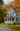 A two-story light blue house with white trim and a prominent front porch is set against a backdrop of vibrant orange and yellow autumn trees under an overcast sky. A lush green lawn, partially covered with fallen orange leaves, and a curving gray pathway lead to the house's entrance. The scene, bathed in soft, natural light, evokes a peaceful and charming autumnal atmosphere.